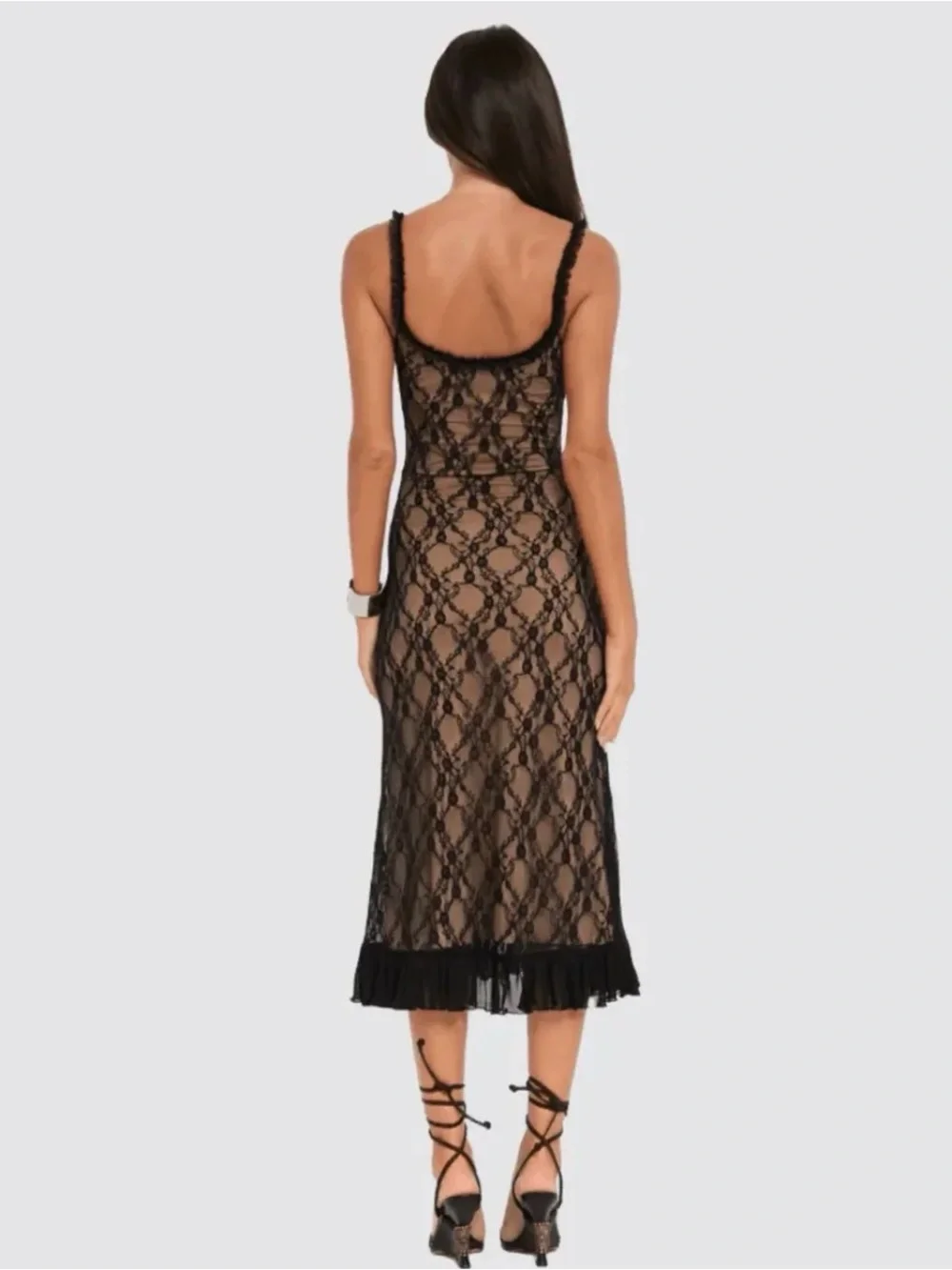 Black Lace Midi Dress | Sheer Nude Underlay | Elegant & Sexy | New - Picture 2 of 8